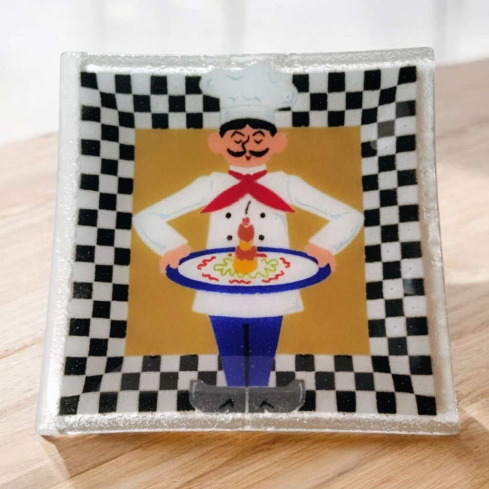 Peggy Karr VTG Fused Art Glass Bistro Chef Square Plate 10" Signed